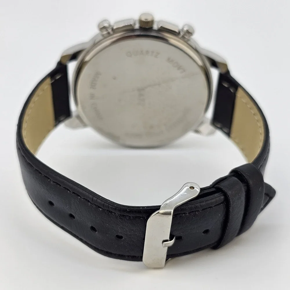48MM Men's Analog Watch Black Dial Black Faux Leather Bands New‎ Battery